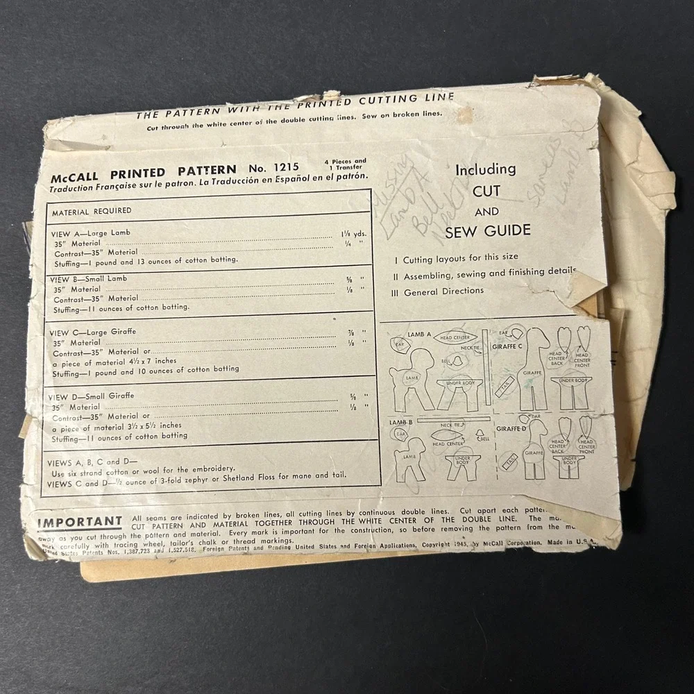 Vintage 1945 McCall Sewing Pattern 1215 Stuffed Baby Animals Lamb Giraffe
